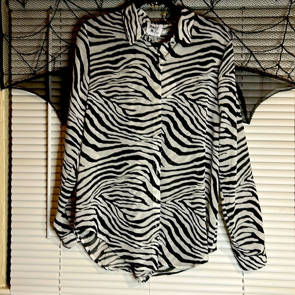 Princess Polly Ziggy Zebra Print Collar Button Down Sheer Shirt 10